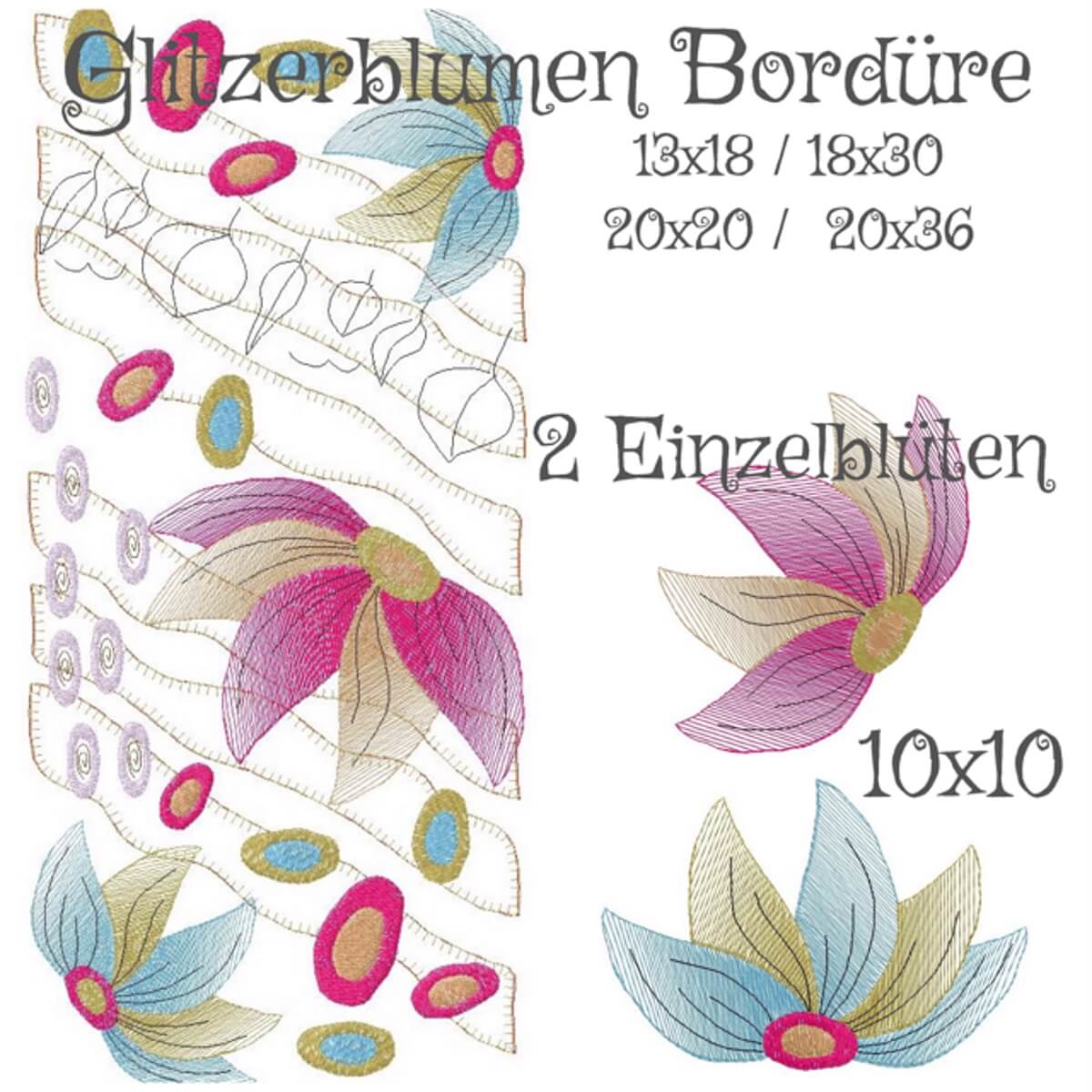 Stickdesign Set "Glitzerblumen" (Download)